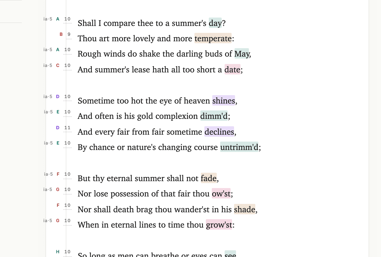 The poetry gutter beside a draft, showing syllable counts, a metrical reading and rhyme-scheme letters for each line
