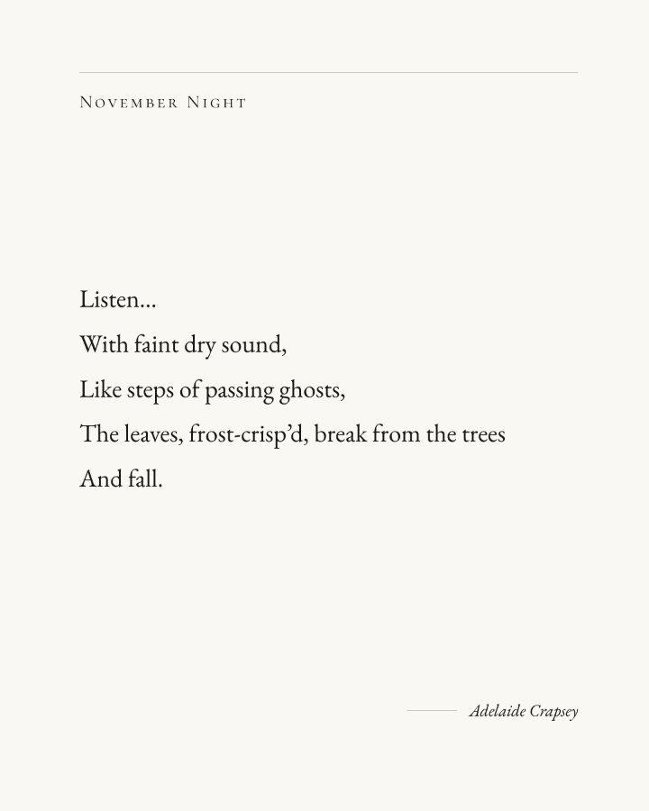 The Broadside — specimen card: Adelaide Crapsey's “November Night” printed plainly, her name set as a signature