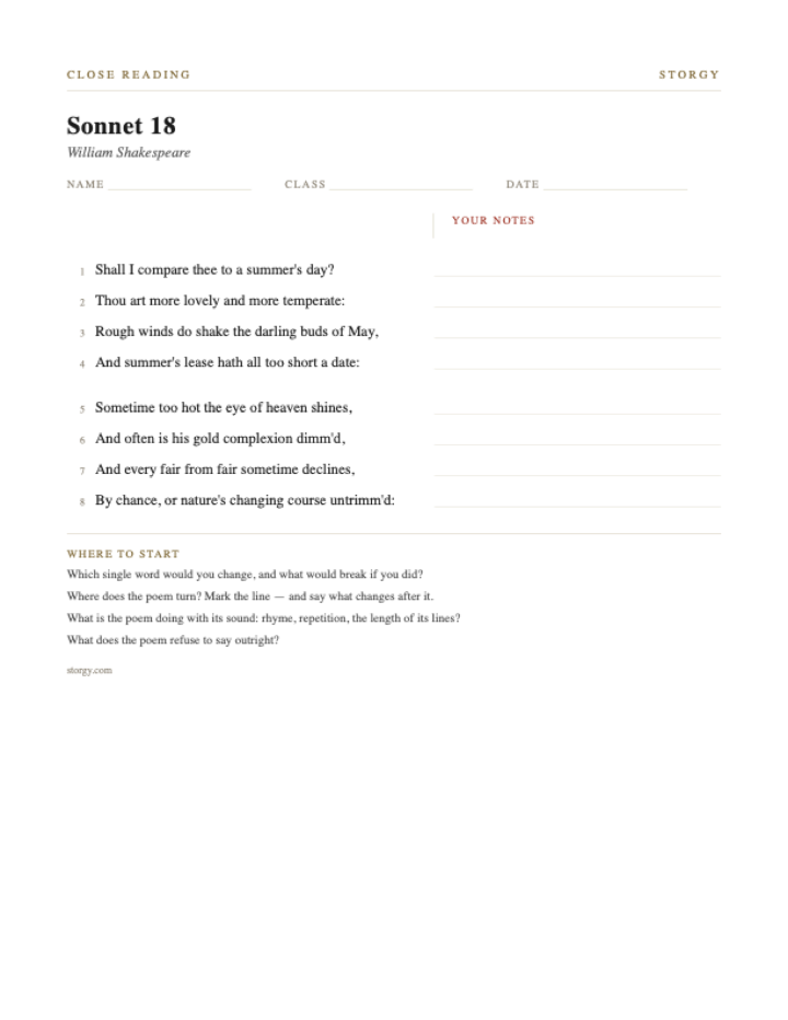 The Close-Reading Sheet — specimen sheet: Sonnet 18 numbered and spaced, with a margin to write in