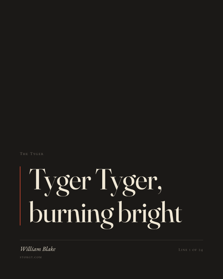 The One Line — specimen card: “Tyger Tyger, burning bright” set large on a dark card, marked line 1 of 24