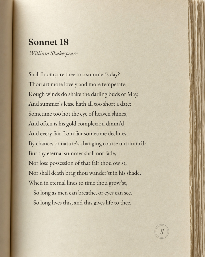 The Page — specimen card: Shakespeare's Sonnet 18 typeset whole on a warm book page