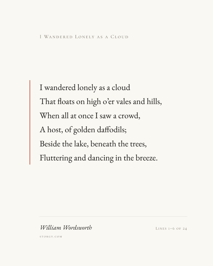 The Stanza — specimen card: the opening stanza of Wordsworth's “I Wandered Lonely as a Cloud” beside a crimson margin rule on warm paper, marked lines 1–6 of 24