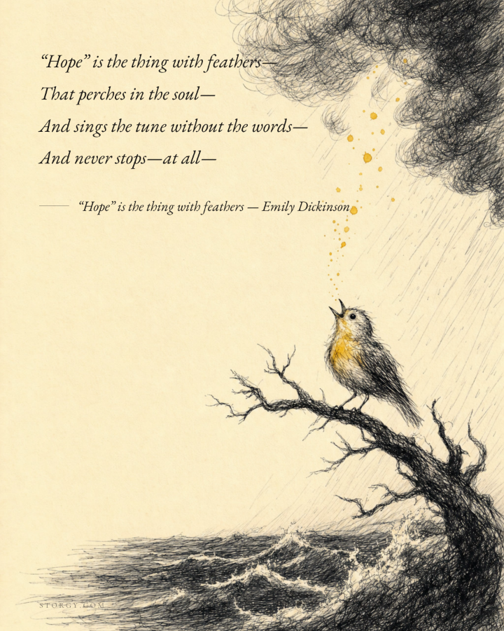 Verse & Ink — specimen card: Dickinson's “Hope is the thing with feathers” beside an etched illustration of a small bird singing into a storm